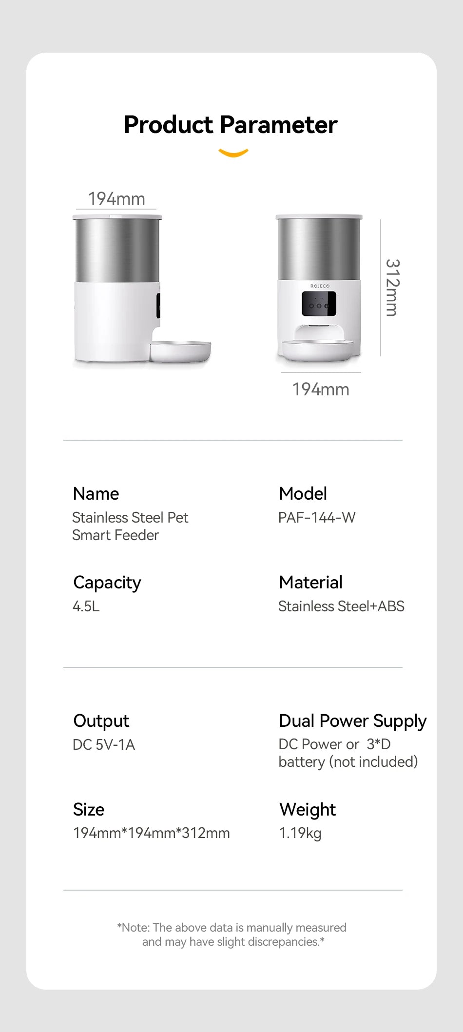 ROJECO 4.5L Smart Pet Feeder WiFi
