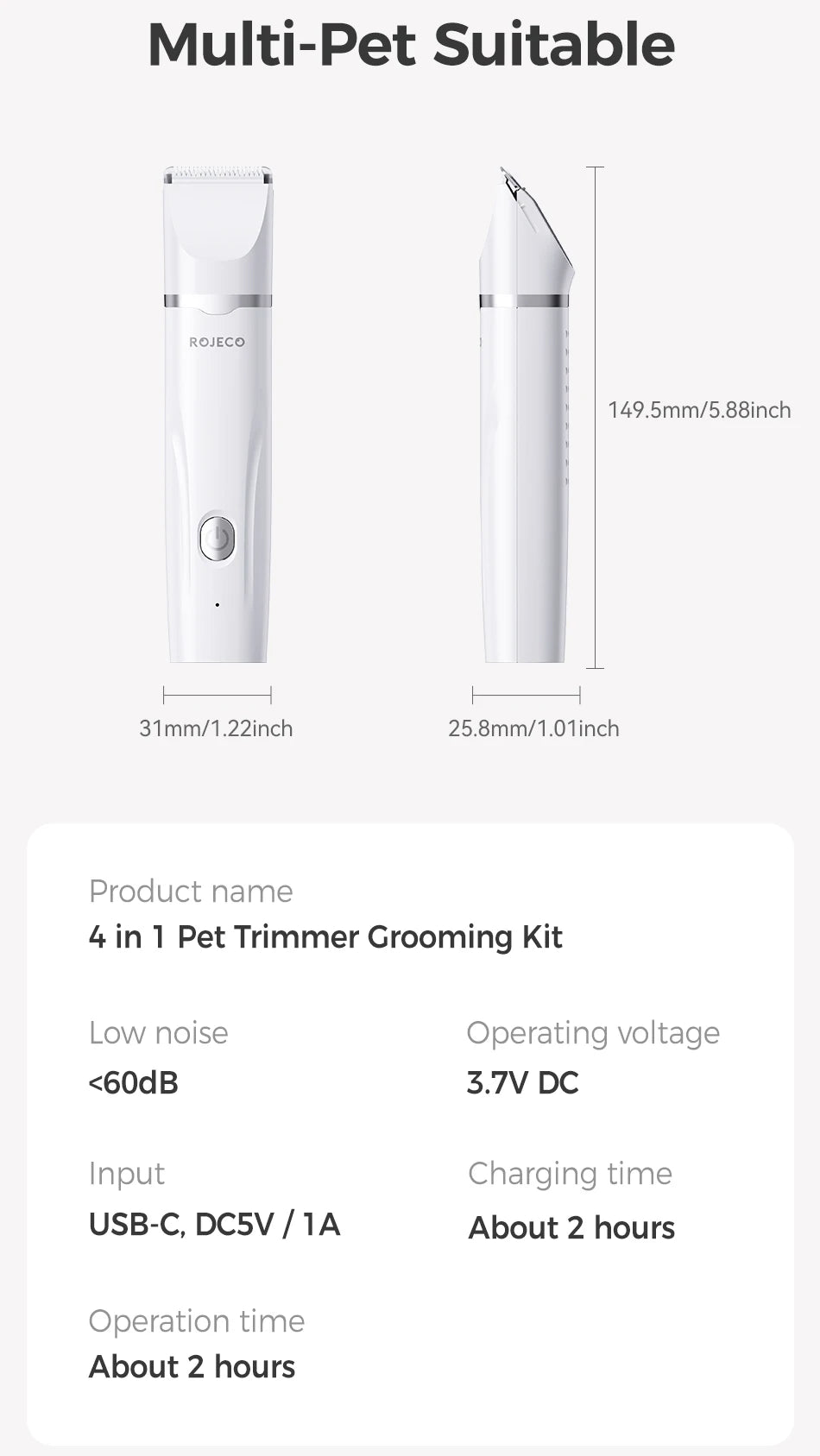 ROJECO 4-in-1 Pet Grooming Trimmer Kit