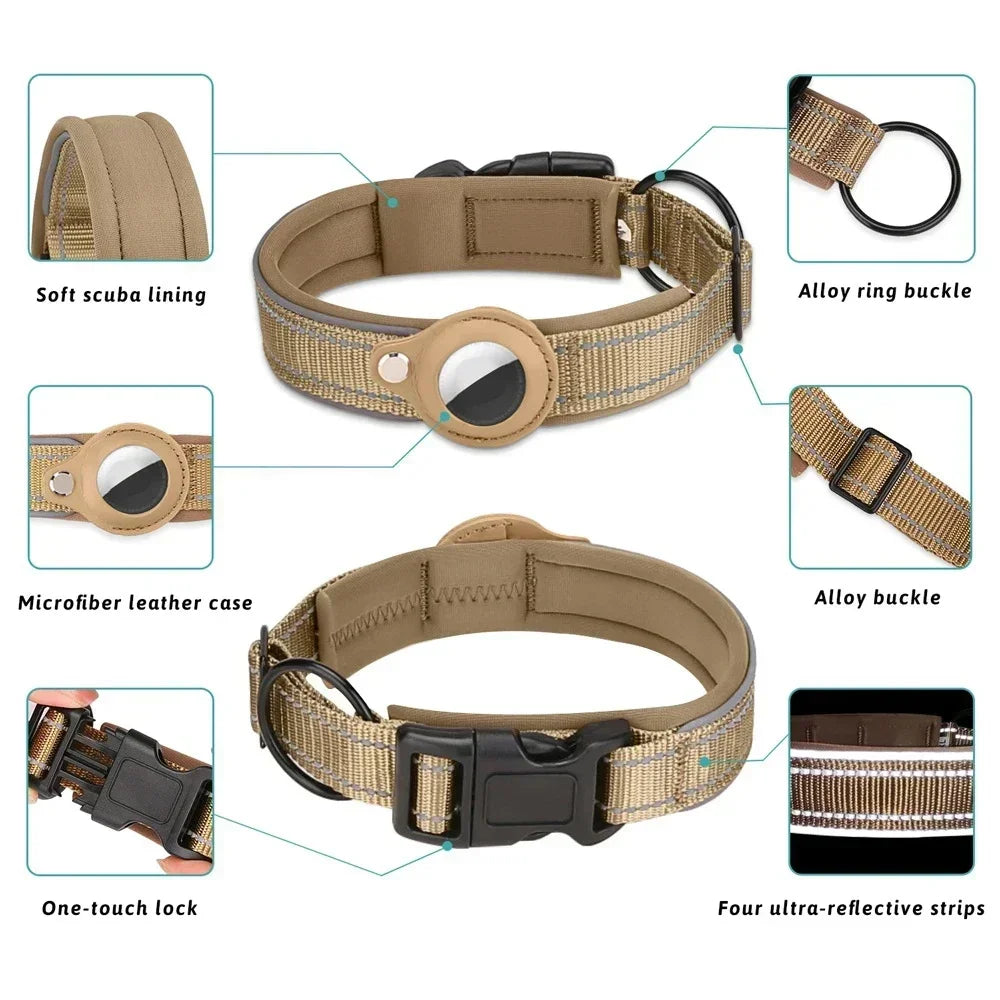 Tan dog collar with features highlighted on a white background