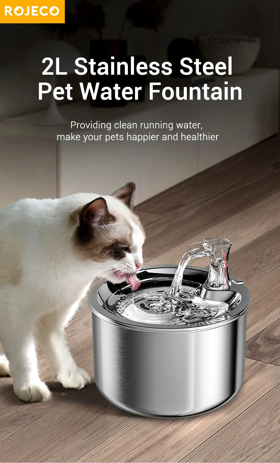 ROJECO 2L Stainless Pet Water Fountain