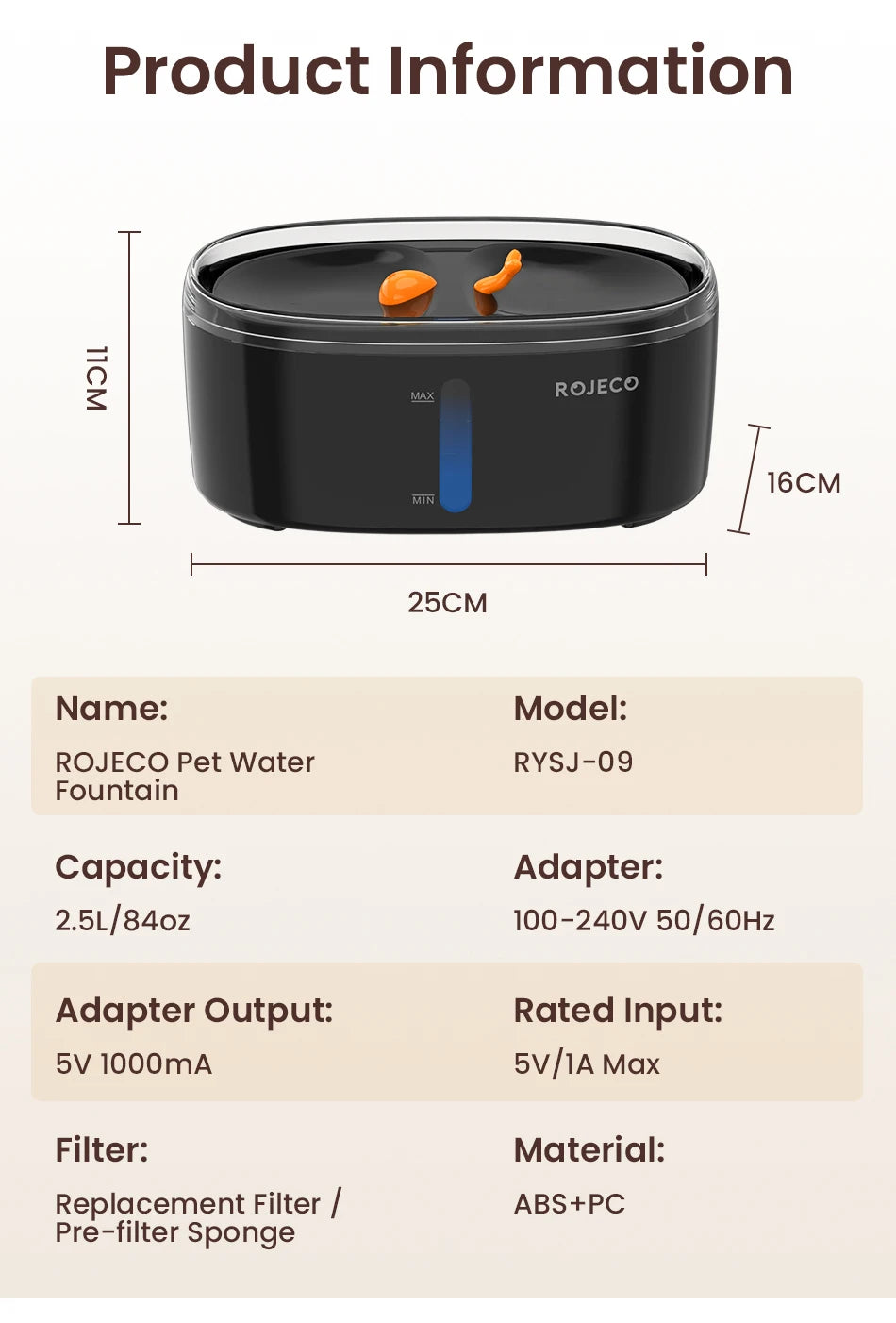 ROJECO Automatic Pet Water Fountain 2.5L