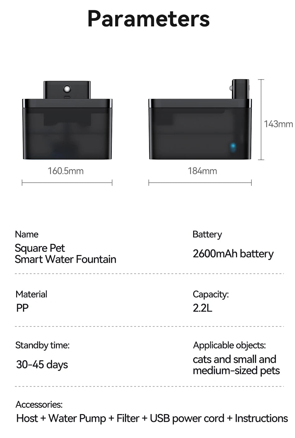 ROJECO Wireless Pet Fountain 2.2L