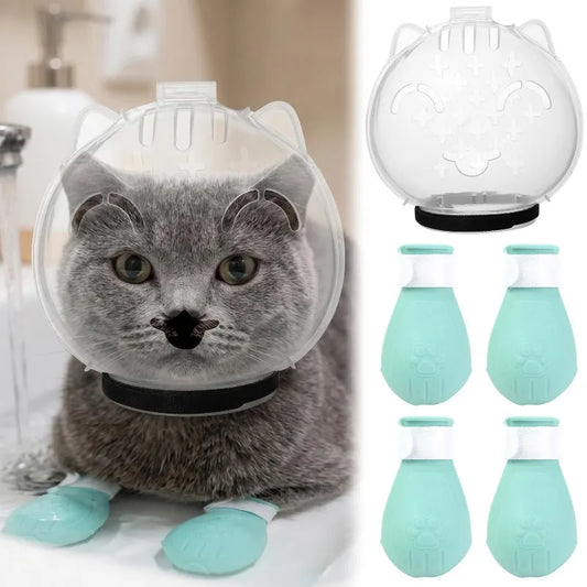 Cat Grooming Helmet & Paw Covers