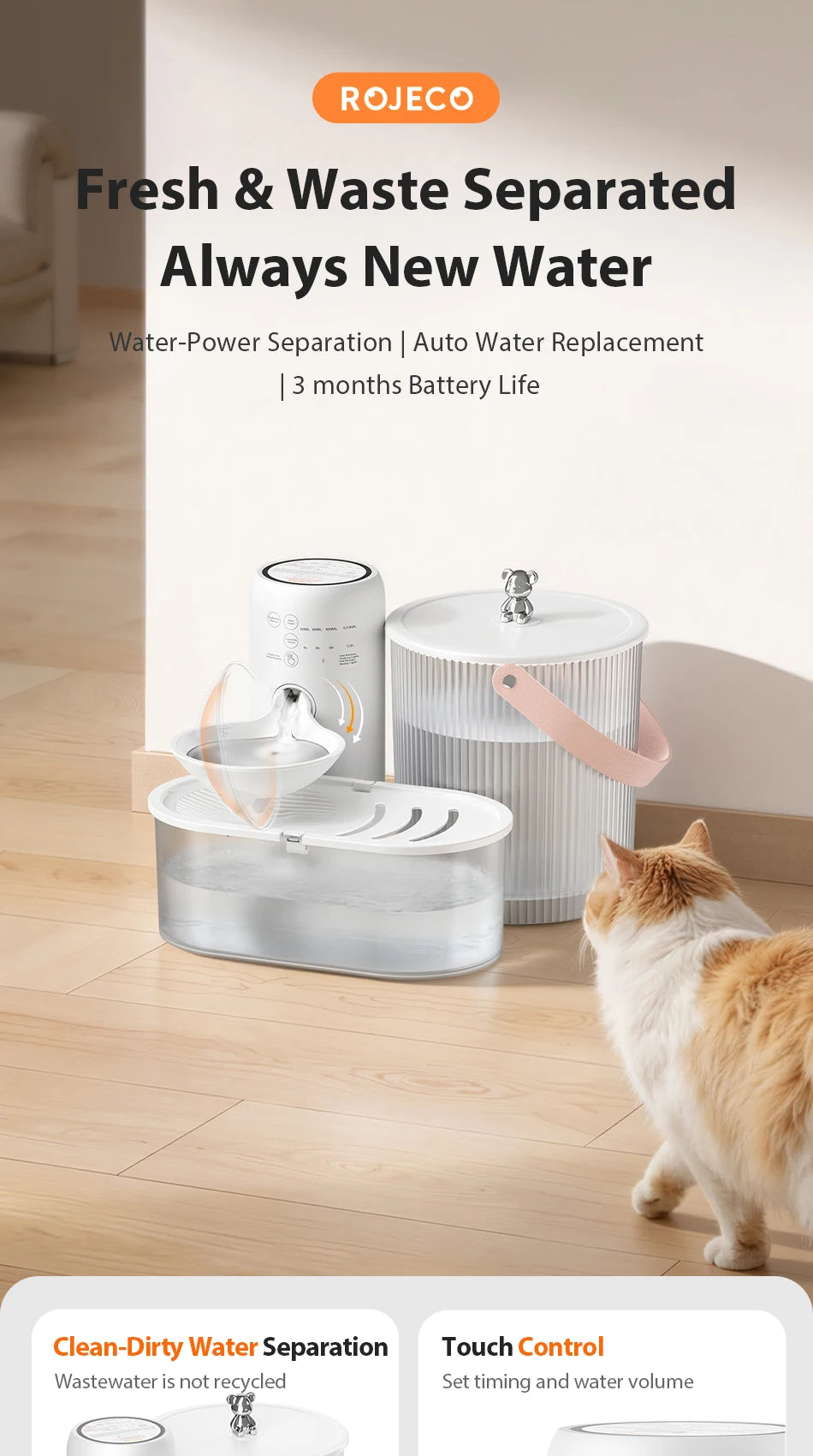 ROJECO Wireless Pet Water Fountain 3L